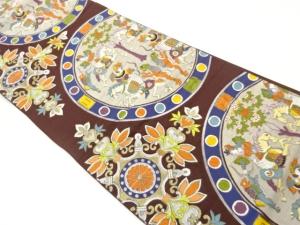 山下織物製　華紋・連珠狩猟文に抽象生物模様織出し袋帯